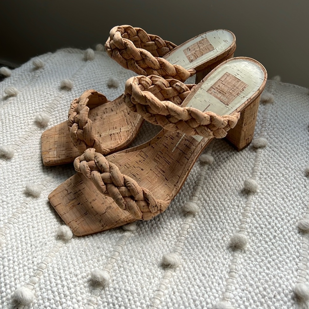 Dolce Vita cork two strap mid heel sandal in size 9.